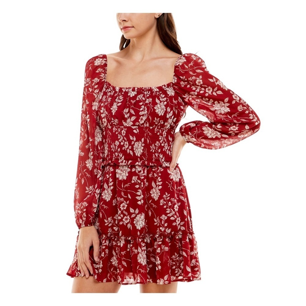 Trixxi Juliette Dress burgundy‎ floral chiffon mini smocked medium Valentines